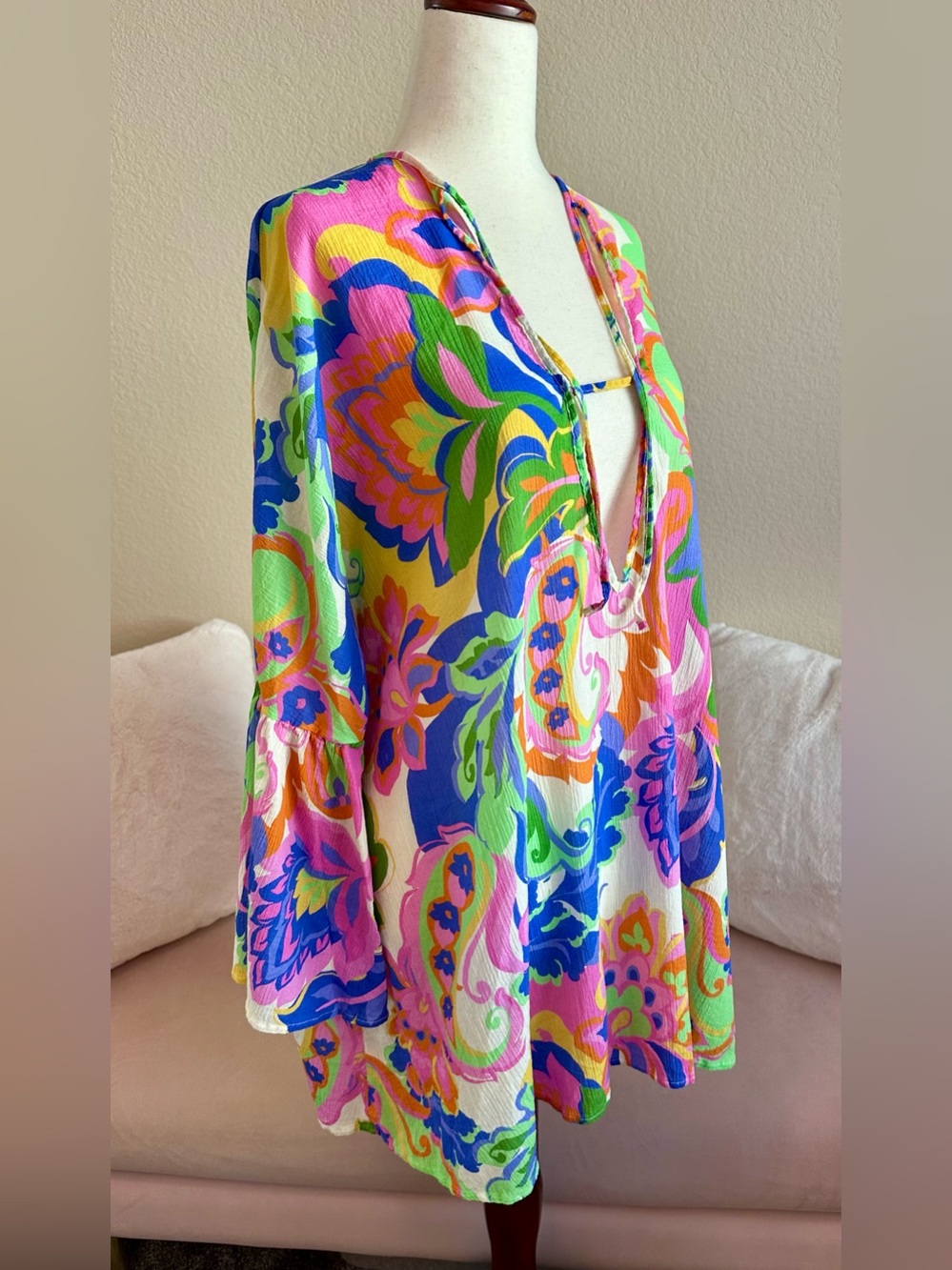 Amanda Uprichard Idris Mini Dress Multicolor Pink Blue Grn Paisley Cover-Up Sz S
